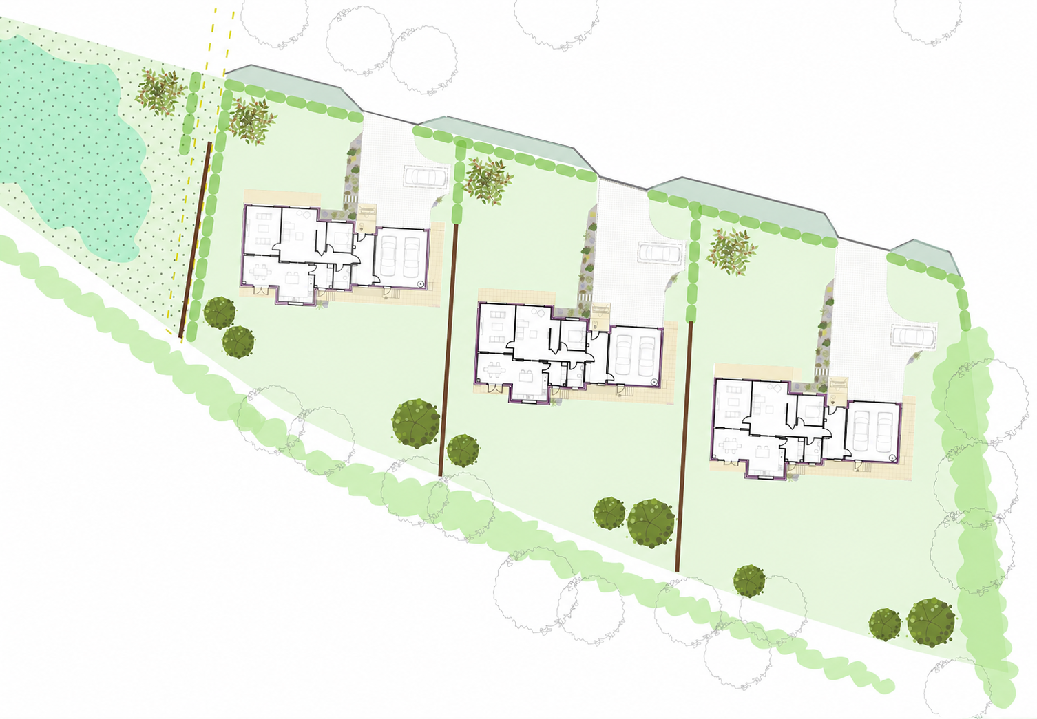 Site layout showing the three Hollywalk Meadows plots off Moss Road, North Doll, Dunmore, with parking, gardens and landscaping