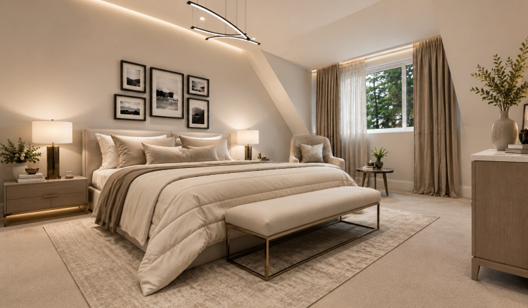 Principal bedroom with warm neutral interior design