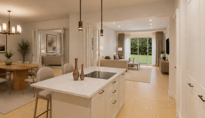 Open-plan kitchen, dining and family living area at Hollywalk Meadows