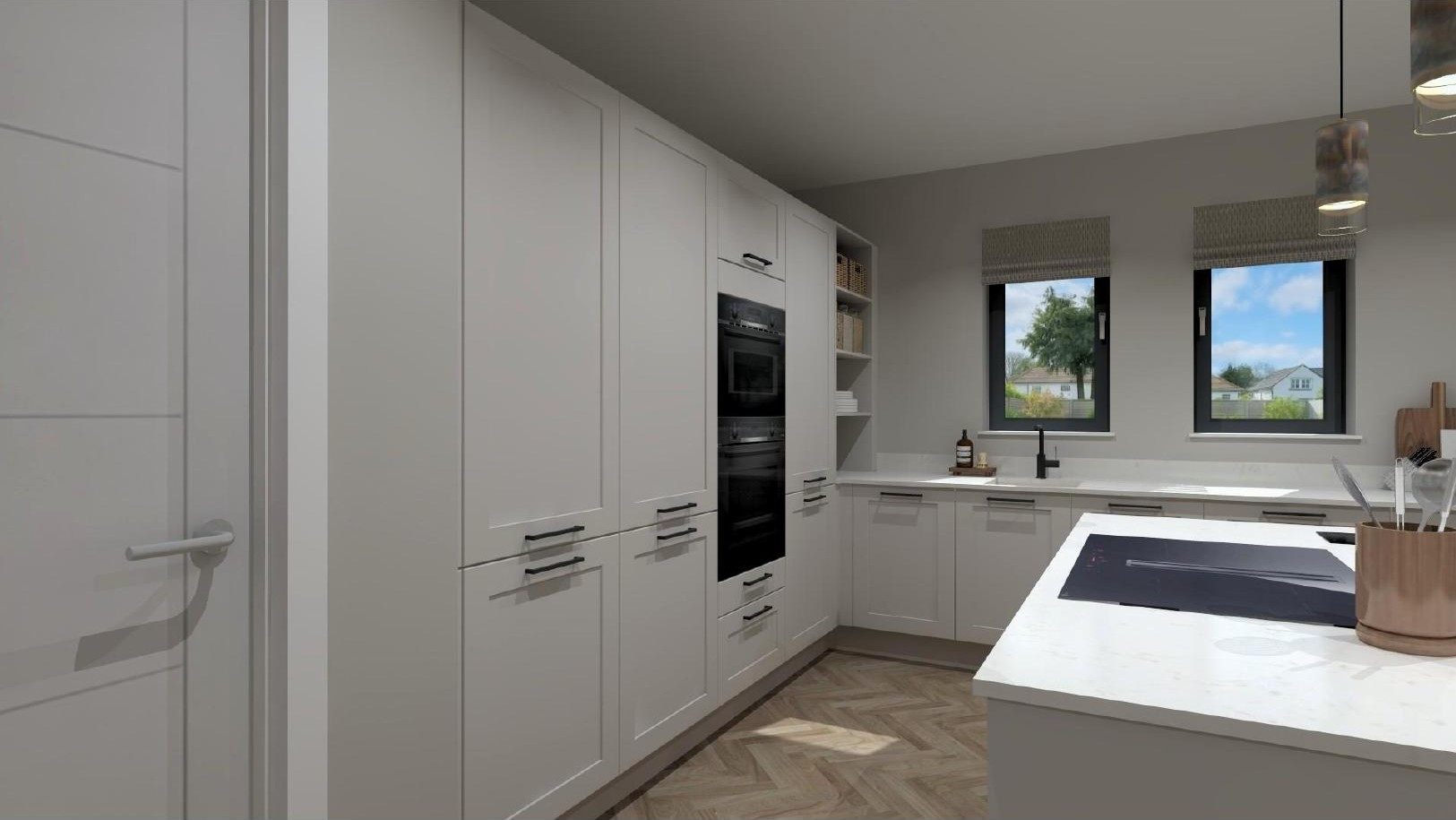 Kitchen storage wall with integrated ovens at Moss Road, Dunmore