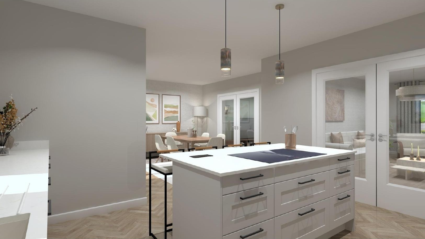 Kitchen open to living and dining space at Moss Road, Dunmore