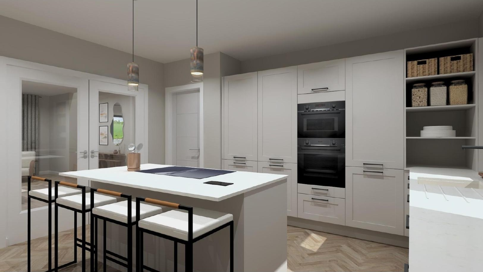 Kitchen tall unit run with integrated storage at Moss Road, Dunmore
