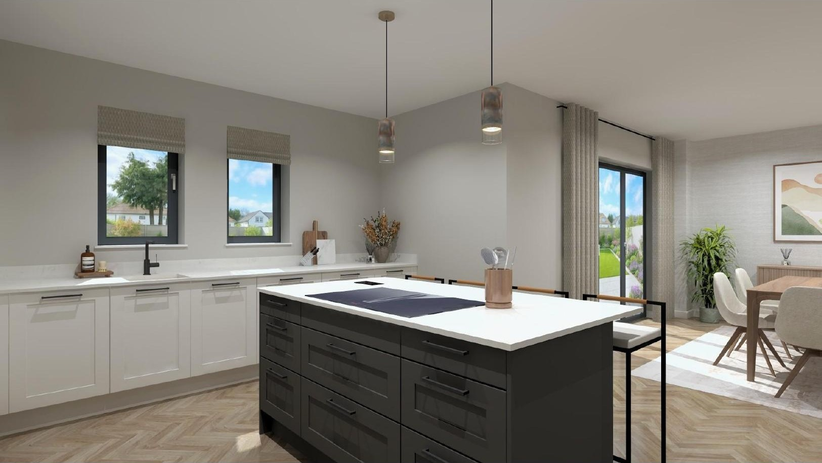 Two tone kitchen open to dining area at Moss Road, Dunmore
