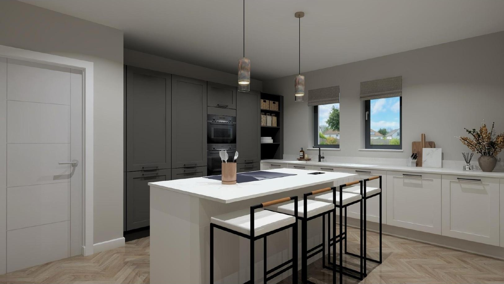 Two tone kitchen with graphite tall units at Moss Road, Dunmore